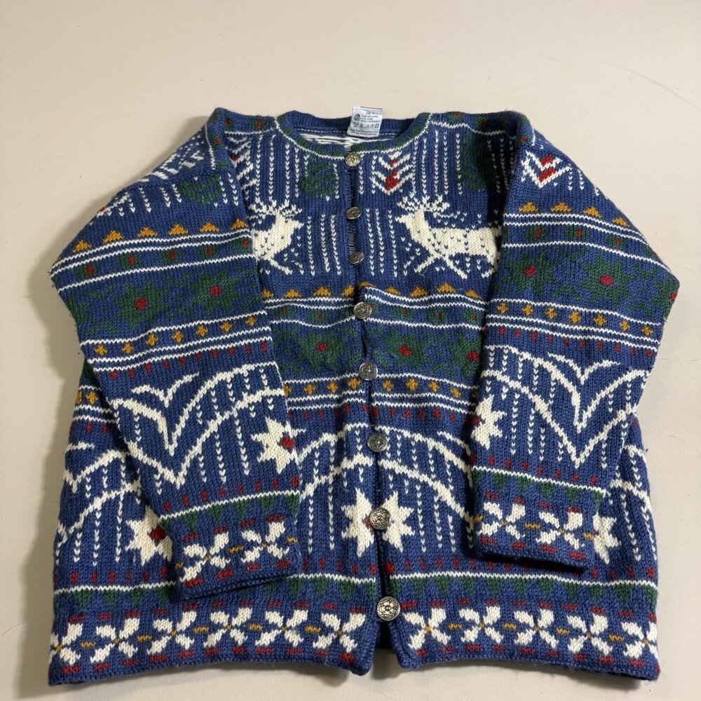 Dale Of Norway Vintage Handknit Blue Wool Reindeer Sweater Size Medium Cardigan
